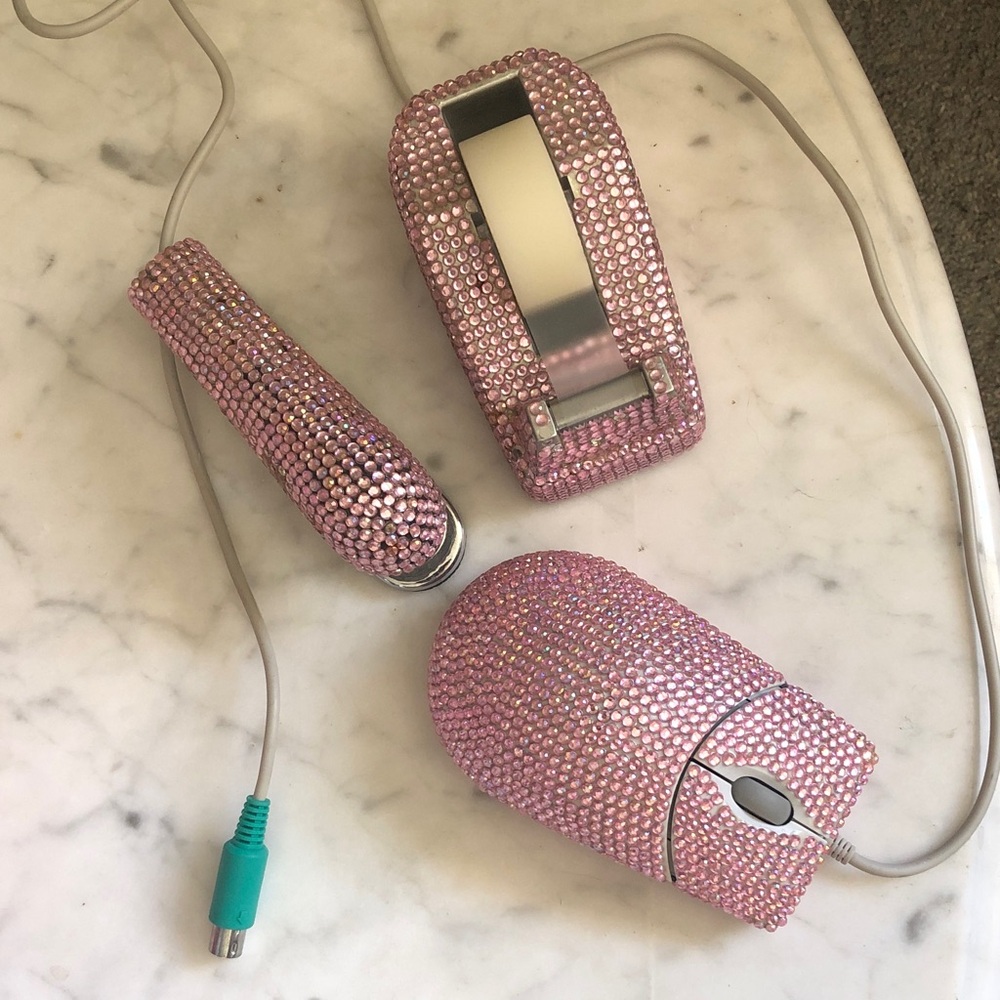 Pink Rhinestone Computer Mouse, tape & stapler 3pc set! Vintage! - Picture 5 of 12